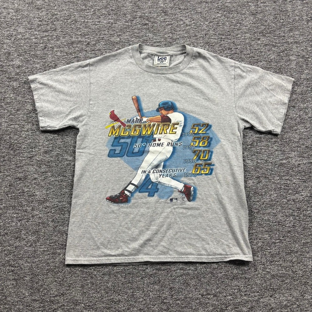 Vintage Y2K Lee Sport Mark McGwire Home Run Graphic T Shirt Grey Size Medium